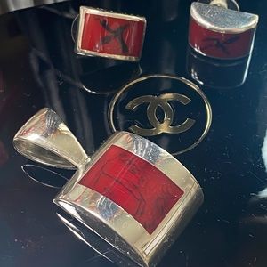 Silpada Sterling Silver & RED Pendant & Earrings